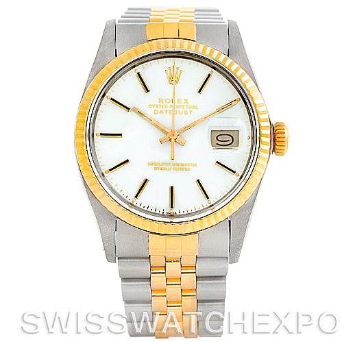 The image shows a front view of the Rolex Vintage Collection 16013 Men's Stainless Steel White Dial 16013 Men's Stainless Steel White Dial watch, highlighting its face, bezel, and bracelet.