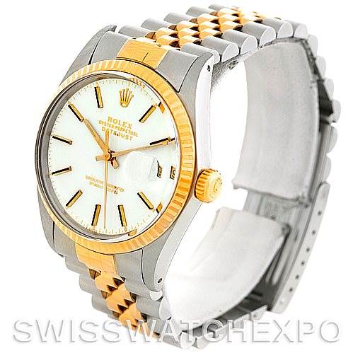 This image shows the front and side angle of the Rolex Vintage Collection 16013 Men's Stainless Steel White Dial 16013 Men's Stainless Steel White Dial model, highlighting its two-tone bracelet and watch face.