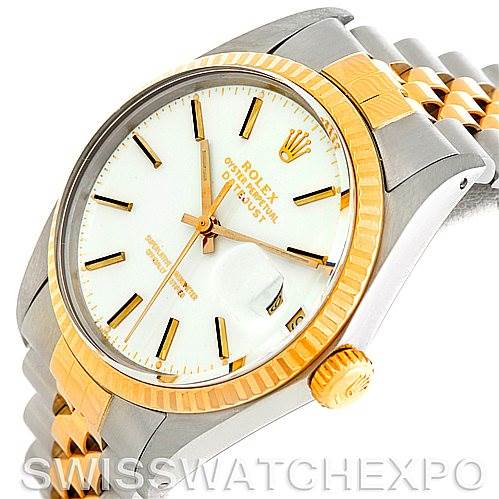 The image shows a side angle of a Rolex Vintage Collection 16013 Men's Stainless Steel White Dial 16013 Men's Stainless Steel White Dial watch, highlighting its dial, bezel, crown, and bracelet.