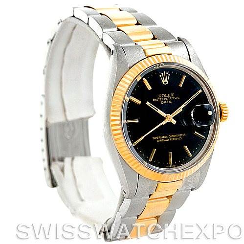 The image shows a Rolex Vintage Collection 1500 Men's Steel and Gold (two tone) Black Dial 1500 Men's Steel and Gold (two tone) Black Dial watch at a slight angle, highlighting its two-tone band, black dial, and fluted bezel.