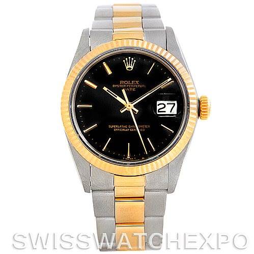 This is a front view of the Rolex Vintage Collection 1500 Men's Steel and Gold (two tone) Black Dial 1500 Men's Steel and Gold (two tone) Black Dial watch, showing the black dial, gold bezel, date window, and two-tone bracelet.