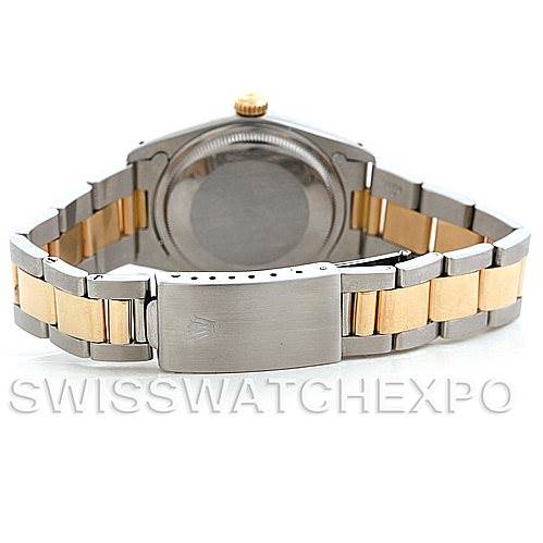 The image shows the back view of a Rolex Vintage Collection 1500 Men's Steel and Gold (two tone) Black Dial 1500 Men's Steel and Gold (two tone) Black Dial watch, highlighting its two-tone bracelet and clasp.