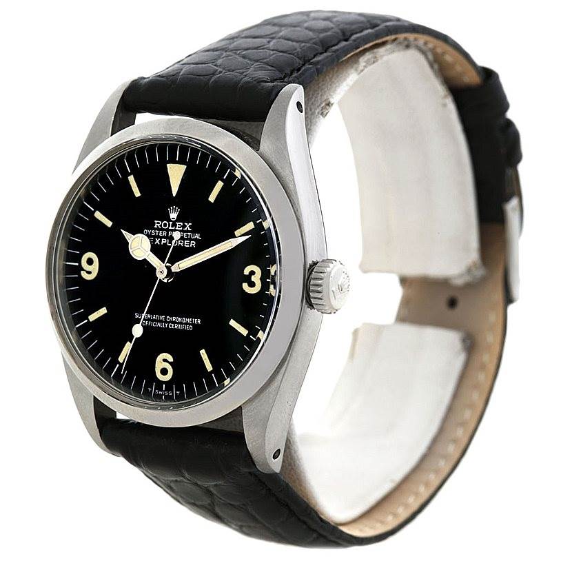 This image shows a front side view of the Rolex Vintage Collection 6610 Men's Stainless Steel Black Dial 6610 Men's Stainless Steel Black Dial model with its black leather strap and black dial.