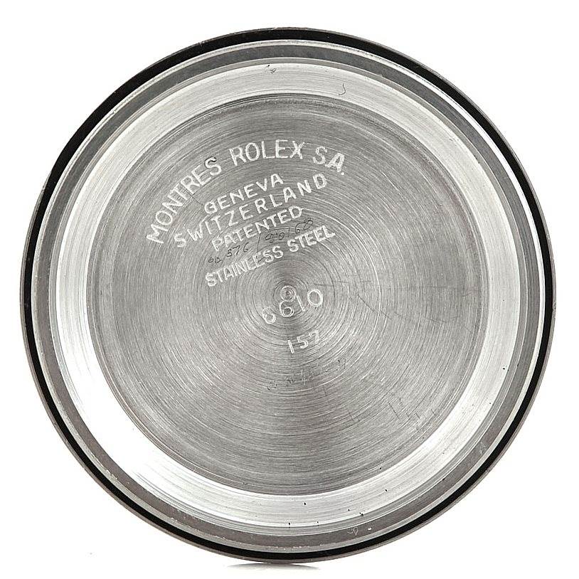 This image shows the inside case back of a Vintage Collection model by Rolex, indicating it is stainless steel.