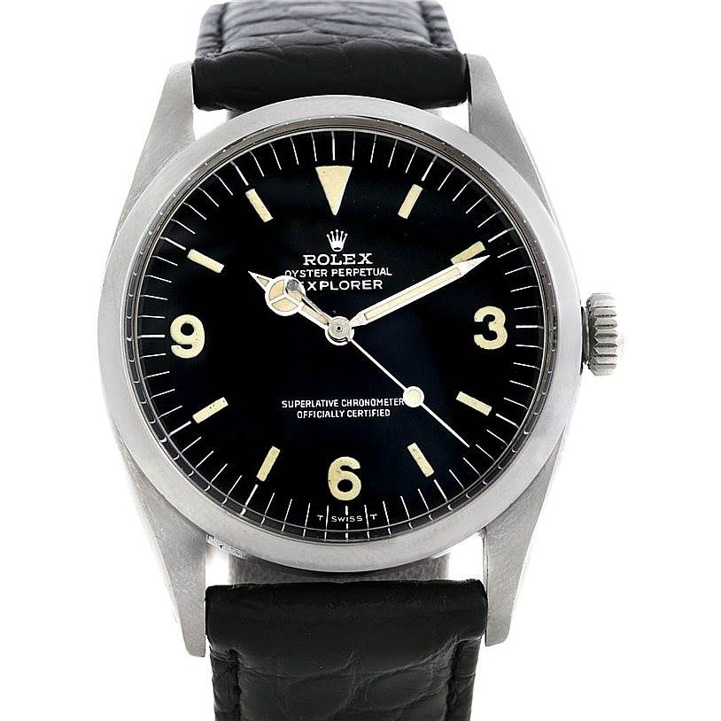 The Rolex Vintage Collection 6610 Men's Stainless Steel Black Dial 6610 Men's Stainless Steel Black Dial Oyster Perpetual Explorer watch is shown from the front, displaying its black dial, hands, and leather strap.