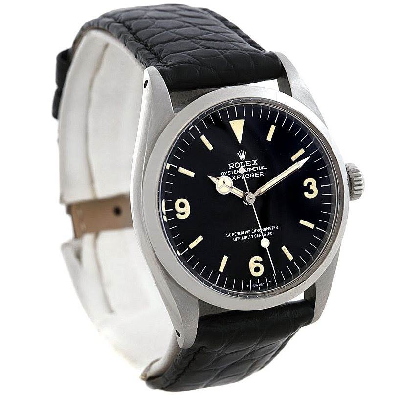 The image showcases a front-angle view of the Rolex Vintage Collection 6610 Men's Stainless Steel Black Dial 6610 Men's Stainless Steel Black Dial model, highlighting the dial, bezel, and black leather strap.