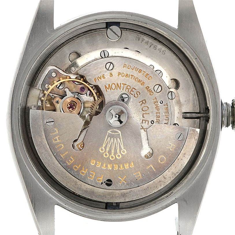 The image shows the internal movement mechanism of a Rolex Vintage Collection 6610 Men's Stainless Steel Black Dial 6610 Men's Stainless Steel Black Dial watch from a top-down angle with the case back removed.