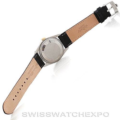 This image shows the back view of a Rolex Vintage Collection 5701 Men
s Stainless Steel Champagne Dial 5701 Men
s Stainless Steel Champagne Dial watch with the strap fully extended.