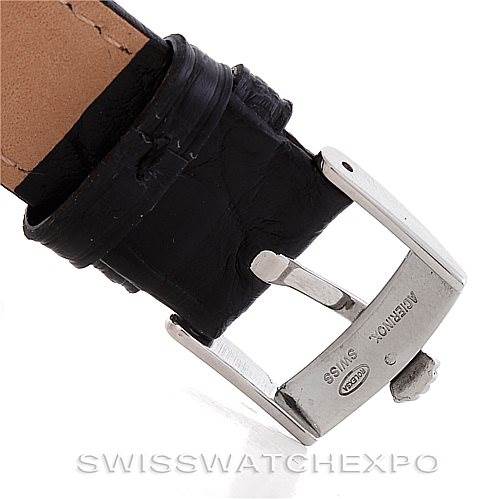 This image shows a close-up view of the buckle and leather strap of a Rolex Vintage Collection 5701 Men
s Stainless Steel Champagne Dial 5701 Men
s Stainless Steel Champagne Dial watch.