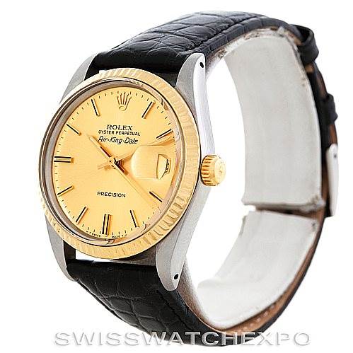 This image shows a Rolex Vintage Collection 5701 Men
s Stainless Steel Champagne Dial 5701 Men
s Stainless Steel Champagne Dial Air-King-Date watch in a side angle, displaying its face, bezel, crown, and strap.