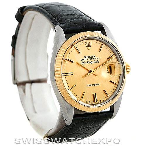 The Rolex Vintage Collection 5701 Men
s Stainless Steel Champagne Dial 5701 Men
s Stainless Steel Champagne Dial Air-King Date watch is shown at a slight angle, highlighting the face, bezel, and leather strap.