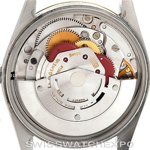 This image shows the internal mechanical movement of a Rolex Vintage Collection 5701 Men
s Stainless Steel Champagne Dial 5701 Men
s Stainless Steel Champagne Dial watch from the back angle.
