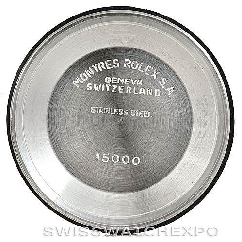 The image shows the inside case back of a Rolex Vintage Collection 5701 Men
s Stainless Steel Champagne Dial 5701 Men
s Stainless Steel Champagne Dial watch, marked with model number 15000.