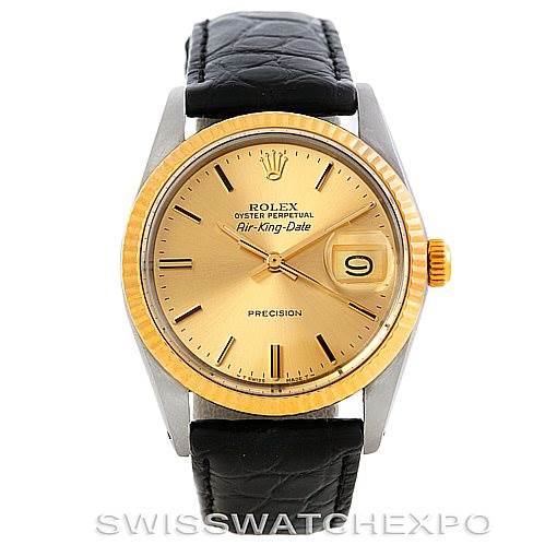 This image shows the front view of the Rolex Vintage Collection 5701 Men
s Stainless Steel Champagne Dial 5701 Men
s Stainless Steel Champagne Dial Air-King-Date model, highlighting its face, bezel, and strap.