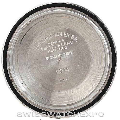 This image shows the interior case back of a Rolex Vintage Collection 5512 Men's Stainless Steel  5512 Men's Stainless Steel  watch, displaying the brand, model number 5513, and other markings.