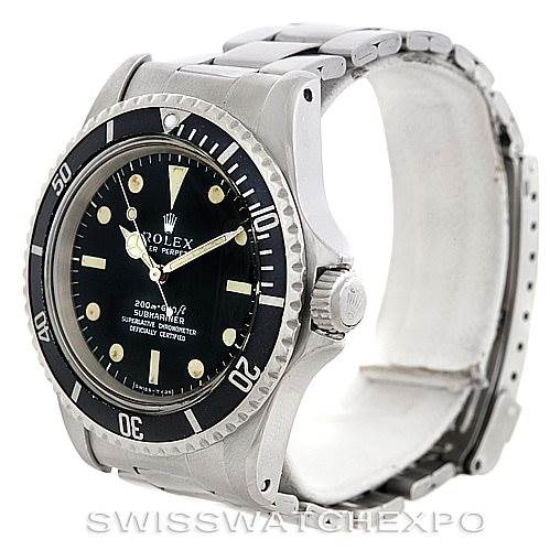 The Rolex Vintage Collection 5512 Men's Stainless Steel  5512 Men's Stainless Steel  Submariner watch is shown at an angle focusing on the dial, bezel, and bracelet.