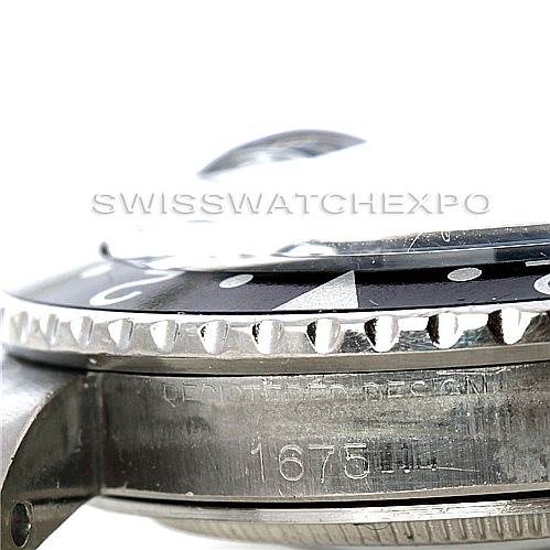 The image shows a close-up side view of the bezel and case of a Rolex Vintage Collection 1675 Men's Stainless Steel Black Dial 1675 Men's Stainless Steel Black Dial model 1675 watch.