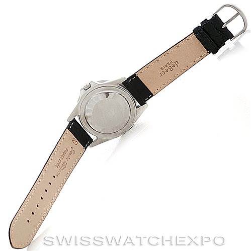 This image shows the back view of a Rolex Vintage Collection 1675 Men's Stainless Steel Black Dial 1675 Men's Stainless Steel Black Dial model watch, highlighting its case and leather strap.