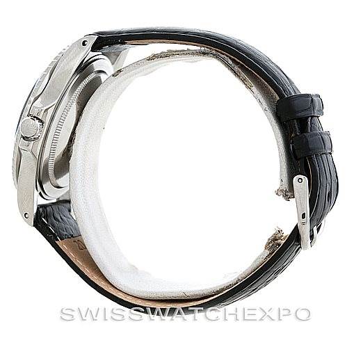 The image shows a side view of the Rolex Vintage Collection 1675 Men's Stainless Steel Black Dial 1675 Men's Stainless Steel Black Dial watch, focusing on the case, crown, and leather strap.