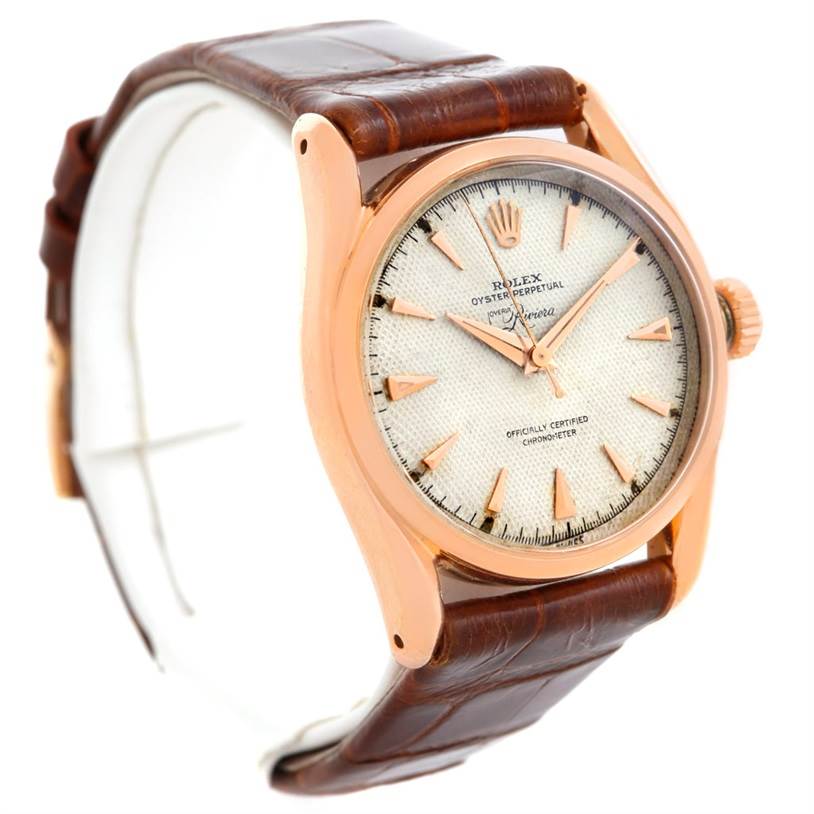 The image shows a Rolex Vintage Collection 6090 Men's Rose Gold Silver Dial 6090 Men's Rose Gold Silver Dial watch at a three-quarter angle, displaying the dial, hands, case, and leather strap.