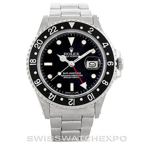 The image shows a front view of the Rolex GMT-Master II Vintage Collection watch, displaying the face, bezel, and bracelet.