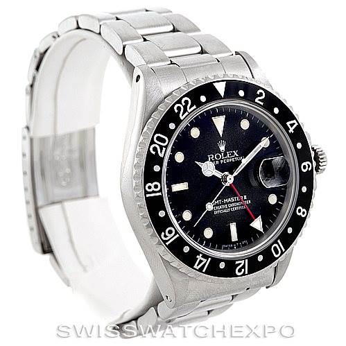 This image shows a Rolex Vintage Collection 16760 Men's Stainless Steel Black Dial 16760 Men's Stainless Steel Black Dial GMT-Master II watch at a slight angle, displaying its bezel, dial, bracelet, and crown.