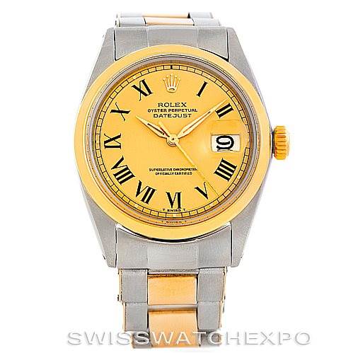 This image shows the full face and part of the bracelet of a Rolex Vintage Collection 1600 Men's Stainless Steel Champagne Dial 1600 Men's Stainless Steel Champagne Dial Oyster Perpetual Datejust watch.