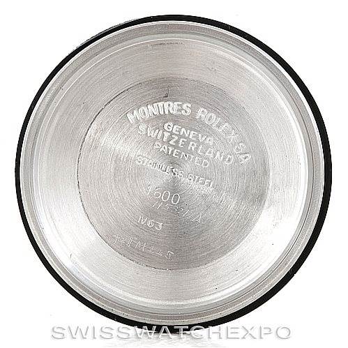 This image shows the inside of the case back of a Vintage Collection Rolex watch, engraved with brand details and specifications.