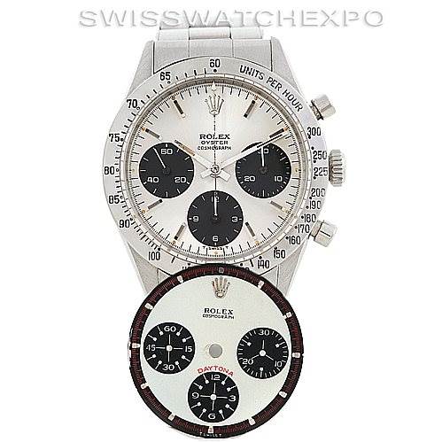 The image shows a front view of the Rolex Vintage Collection 6239 Men's Stainless Steel Silver Dial 6239 Men's Stainless Steel Silver Dial model watch and an additional close-up of its dial.