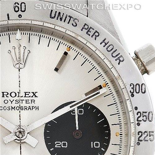The image shows a close-up of the dial and bezel of a Rolex Vintage Collection 6239 Men's Stainless Steel Silver Dial 6239 Men's Stainless Steel Silver Dial model, highlighting the chronograph and tachymeter markings.