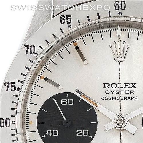 This image shows a close-up of the dial and bezel of the Rolex Vintage Collection 6239 Men's Stainless Steel Silver Dial 6239 Men's Stainless Steel Silver Dial Oyster Cosmograph watch.