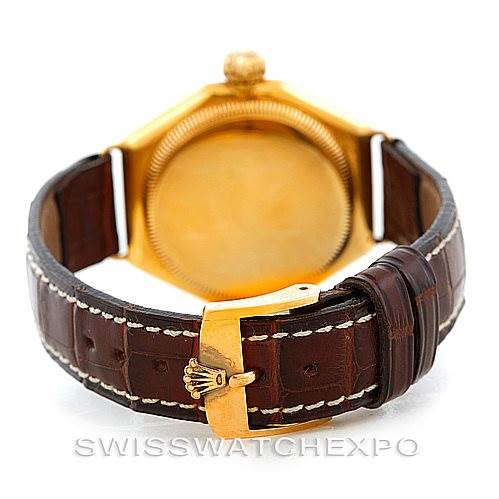 The image shows the backside of a Rolex Vintage Collection 679 Men's Yellow Gold Silver Dial 679 Men's Yellow Gold Silver Dial watch, highlighting its closed case and brown leather strap.