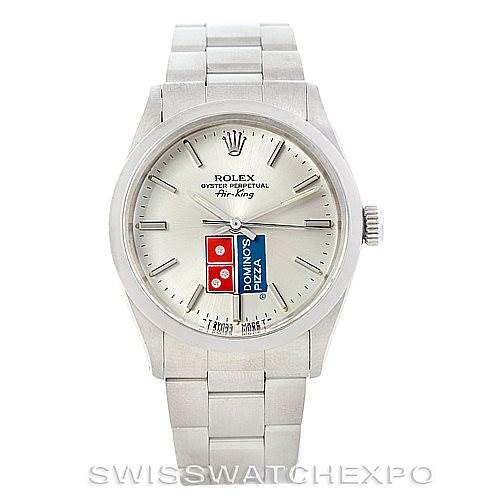 This image shows a front view of the Rolex Vintage Collection 5500 Men's Stainless Steel Silver Dial 5500 Men's Stainless Steel Silver Dial Air-King watch, displaying the dial and bracelet clearly.