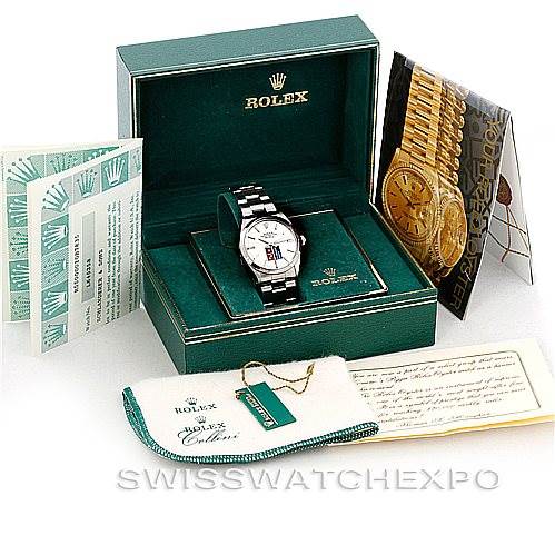The image shows a Rolex Vintage Collection 5500 Men's Stainless Steel Silver Dial 5500 Men's Stainless Steel Silver Dial watch in its case, with accompanying papers, warranty card, and a polishing cloth.