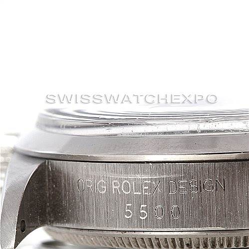 The image shows a close-up side view of the Rolex Vintage Collection 5500 Men's Stainless Steel Silver Dial 5500 Men's Stainless Steel Silver Dial model, focusing on the casing with "ORIG ROLEX DESIGN 5500" engraved.