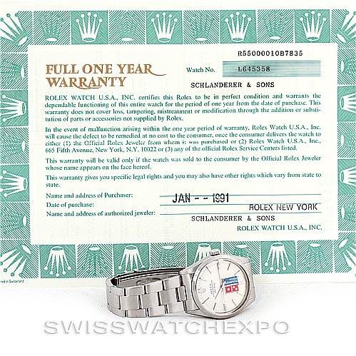 The image shows a Rolex Vintage Collection 5500 Men's Stainless Steel Silver Dial 5500 Men's Stainless Steel Silver Dial watch along with its warranty certificate displayed flat.