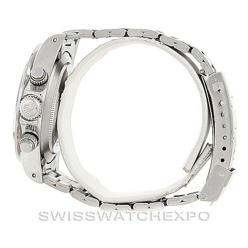 This is a side view of the Rolex Vintage Collection 7159 Men's Stainless Steel Grey Dial 7159 Men's Stainless Steel Grey Dial watch, showing the crown, pushers, bezel, and part of the metal bracelet.