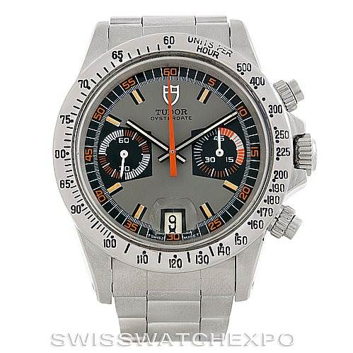 This is a Tudor Oysterdate chronograph watch viewed from the front, showing the dial, bezel, and sub-dials.