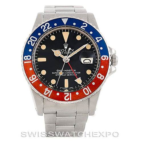 This image shows a frontal view of the Rolex Vintage Collection 1675 Men's Stainless Steel Black Dial 1675 Men's Stainless Steel Black Dial GMT-Master, highlighting the bezel, dial, and watch hands.