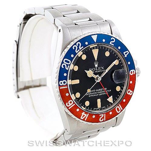 This image shows a side-angle view of the Rolex GMT-Master Vintage Collection watch, highlighting its dial, bezel, and bracelet.