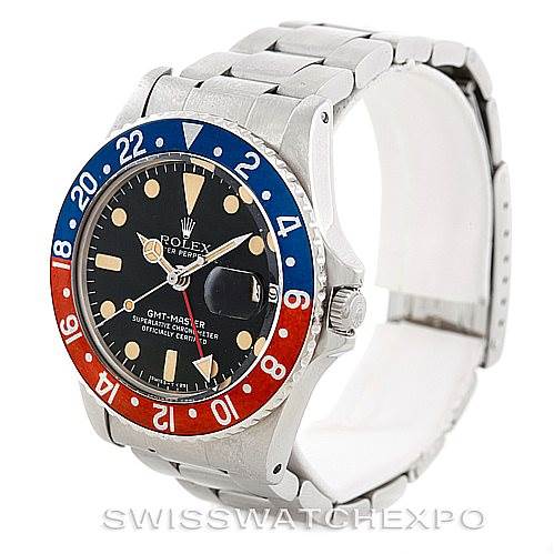 The image displays a Rolex Vintage Collection 1675 Men's Stainless Steel Black Dial 1675 Men's Stainless Steel Black Dial GMT-Master watch at a three-quarter angle, highlighting the bezel, dial, and bracelet.