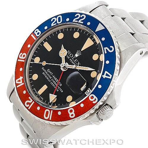 The image shows a Rolex Vintage Collection 1675 Men's Stainless Steel Black Dial 1675 Men's Stainless Steel Black Dial GMT-Master watch at an angled view highlighting its bezel, dial, and bracelet.