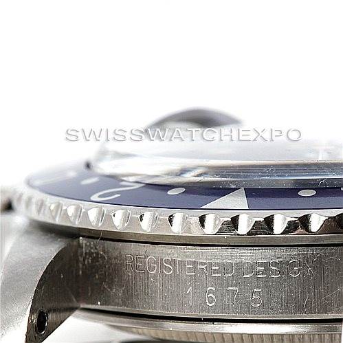 The image shows a close-up side view of the bezel and part of the case on a Rolex Vintage Collection 1675 Men's Stainless Steel Black Dial 1675 Men's Stainless Steel Black Dial model 1675.