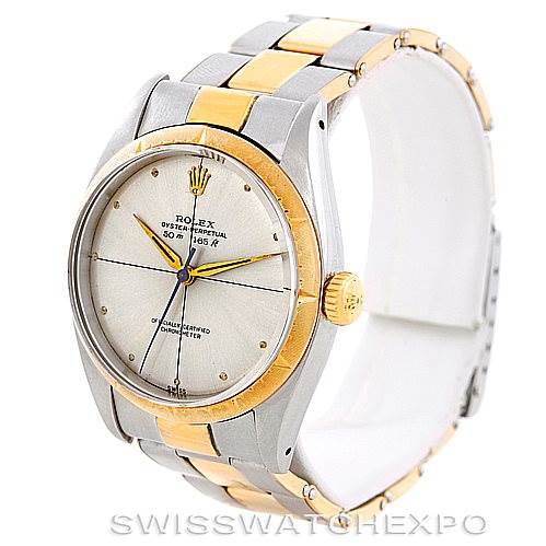 The image shows a Rolex Vintage Collection 6582 Men's Steel and Gold (two tone) Silver Dial 6582 Men's Steel and Gold (two tone) Silver Dial model watch at an angled view, highlighting the face, bezel, and two-tone bracelet.