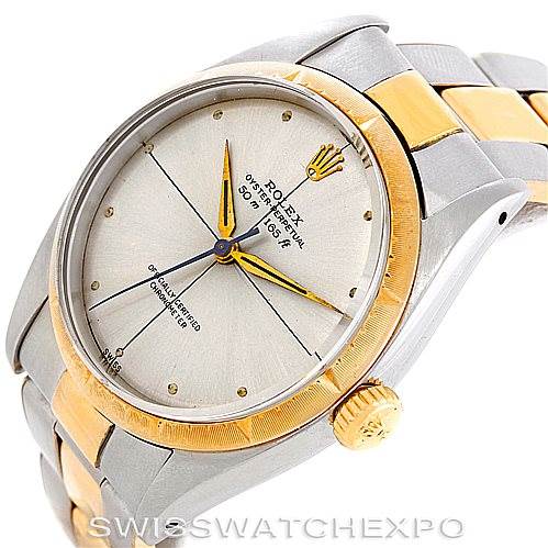 The image shows a Rolex Vintage Collection 6582 Men's Steel and Gold (two tone) Silver Dial 6582 Men's Steel and Gold (two tone) Silver Dial watch at an angled side view, highlighting the dial, bezel, crown, and part of the bracelet.