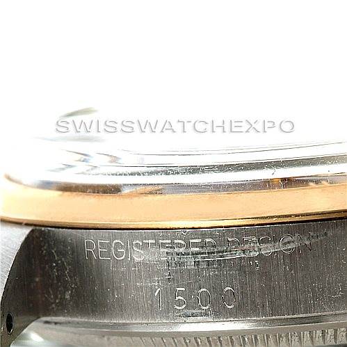 The image shows a close-up of the side view of a Vintage Collection Rolex watch, highlighting the "REGISTERED DESIGN" engraving and model number 1500.