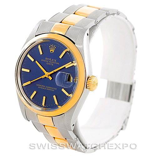 This image shows a Rolex Vintage Collection 1500 Men's Steel and Gold (two tone) Blue Dial 1500 Men's Steel and Gold (two tone) Blue Dial model at an angle highlighting its blue dial, gold accents, and two-tone bracelet.