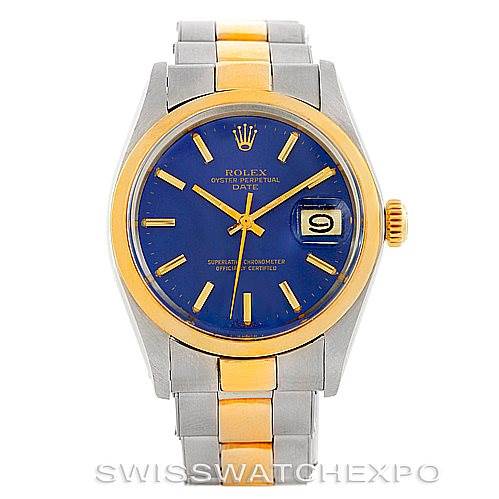 This image shows a front view of the Vintage Collection Rolex watch, highlighting its blue dial, date window, and two-tone metal band.