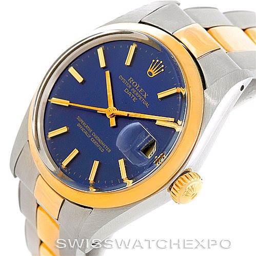 This image shows a side view of the Rolex Vintage Collection 1500 Men's Steel and Gold (two tone) Blue Dial 1500 Men's Steel and Gold (two tone) Blue Dial watch, highlighting the face, crown, and part of the band.