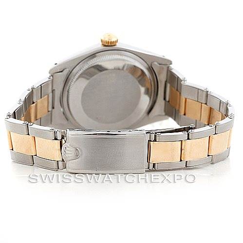 The image shows the back and bracelet of the Rolex Vintage Collection 1500 Men's Steel and Gold (two tone) Blue Dial 1500 Men's Steel and Gold (two tone) Blue Dial model, highlighting the clasp and two-tone metal design.